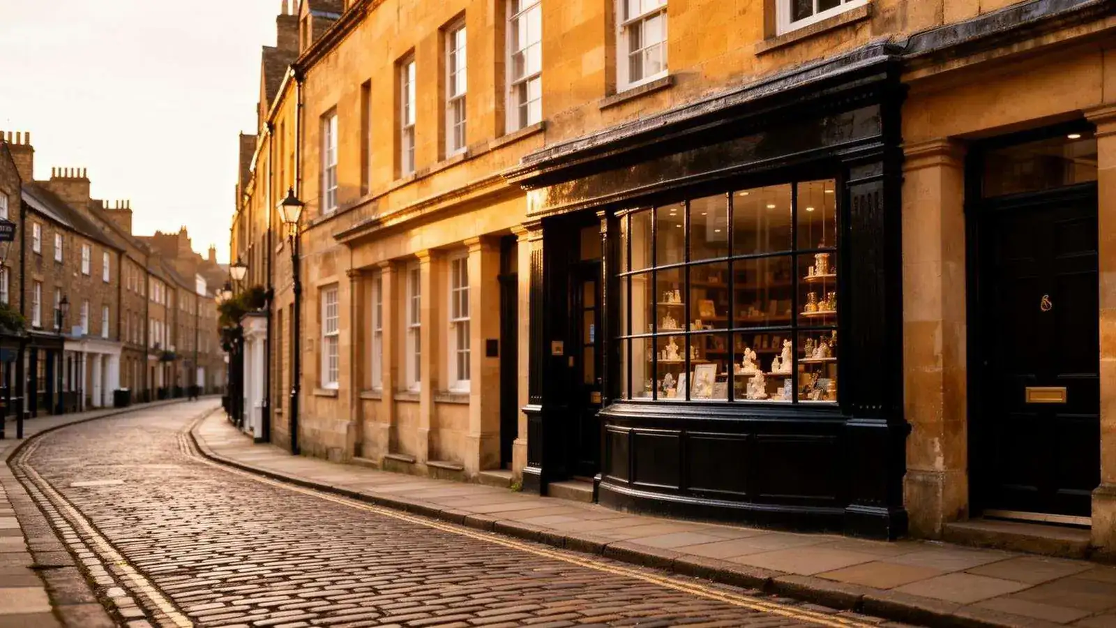 A Georgian shopfront on a quiet York street at golden hour