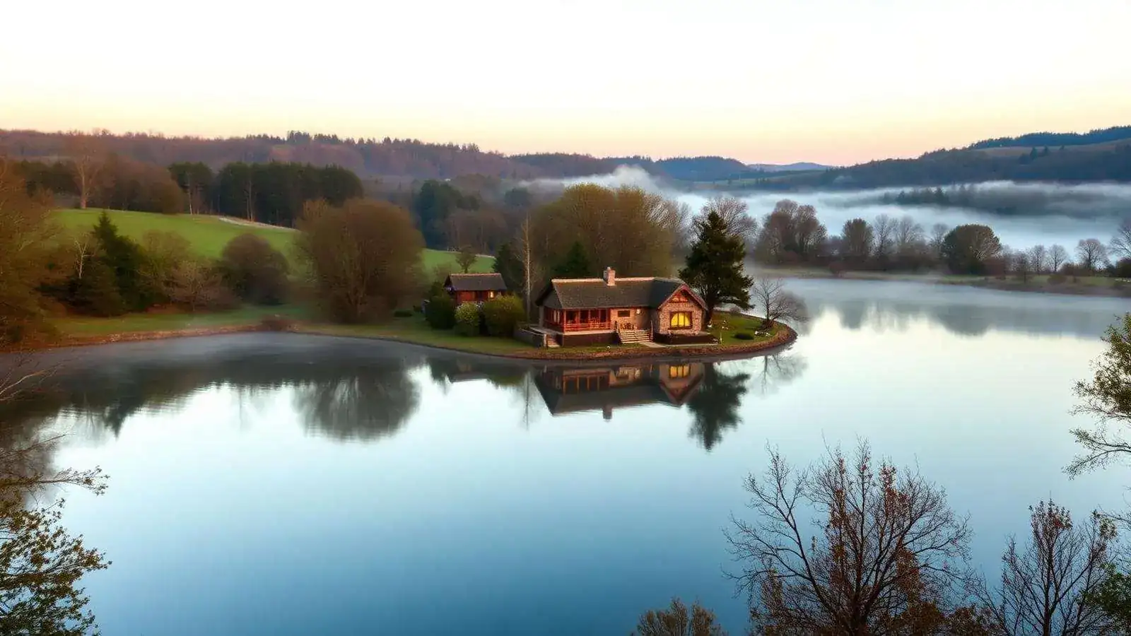 Yorkshire fishing lake and lodge at dawn with mist over the water
