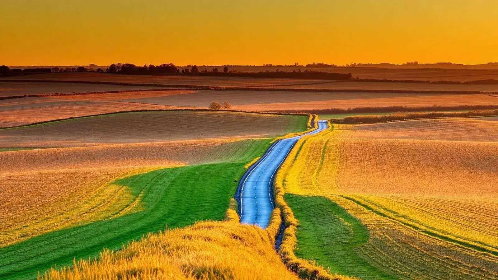 The Yorkshire Wolds at golden hour, rolling chalk farmland under a wide sky